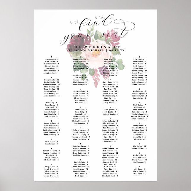 Adore Floral Alphabetical Wedding Seating Chart (Front)