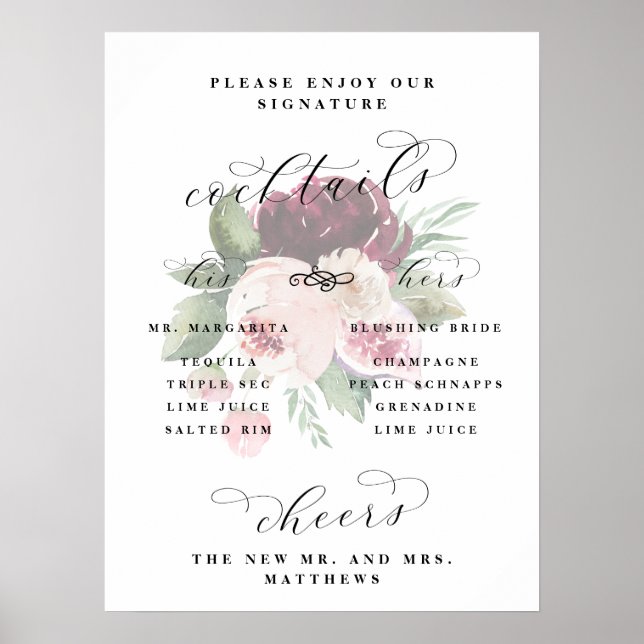 Adore Floral His & Hers Cocktails Wedding Bar Sign (Front)