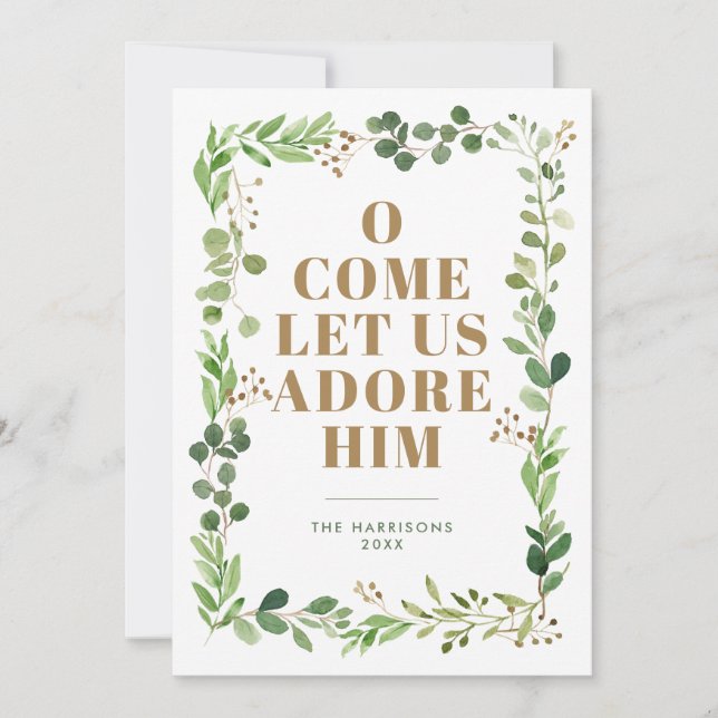 Adore Him Foliage Frame Religious Holiday Card (Front)