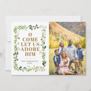 Adore Him Foliage Frame Religious Photo Holiday Card