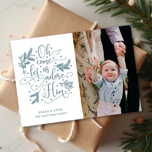 Adore Him | Photo Christmas Flat Card | Blue (Creator Uploaded)