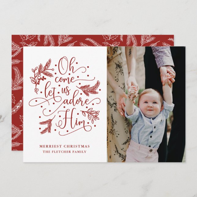 Adore Him | Photo Christmas Flat Card | Red (Front/Back)