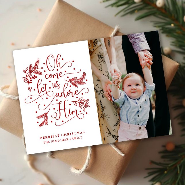 Adore Him | Photo Christmas Flat Card | Red (Creator Uploaded)
