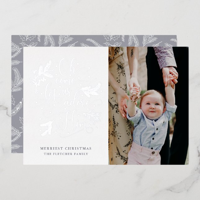 Adore Him Photo Christmas Silver  Foil Holiday Car (Front/Back)