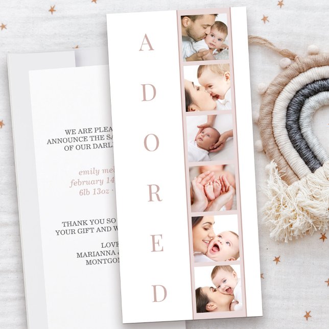 ADORED Stats Multi Photo Girl Birth Announcement (Adored Baby Birth Announcement in pink with 6 photos and personal message)