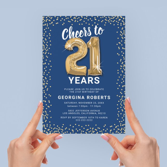 Adult 21st Birthday Blue Gold Invitation (Creator Uploaded)