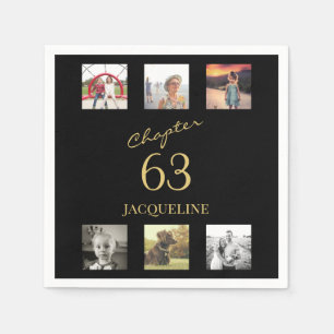 Adult 6 Photo Black And Gold Any Age Birthday Napkin