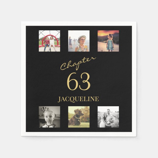 Adult 6 Photo Black And Gold Any Age Birthday Napkin (Front)