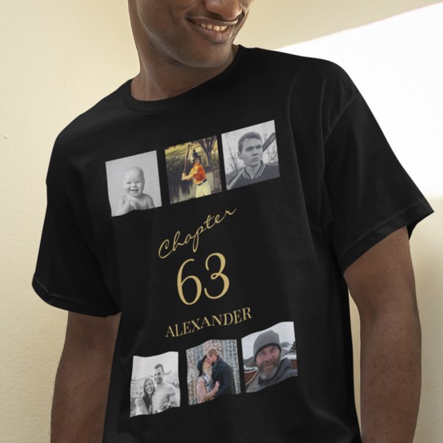 Adult 6 Photo Black And Gold Any Age Birthday T-Shirt (Black and gold birthday t-shirt with 6 photo template. )