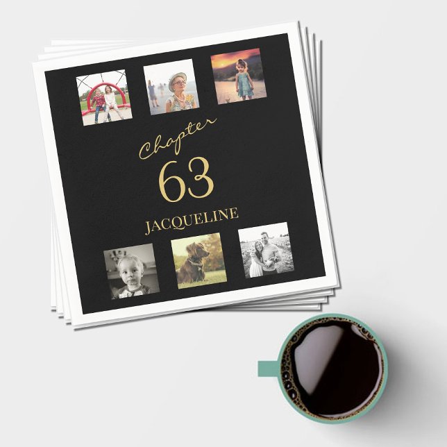 Adult 6 Photo Black Gold Birthday Napkin (Black and gold paper napkin for any birthday with 6 photo collage template.)