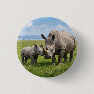 Adult And Baby Rhinos In Green Meadow Photo Enlarg 3 Cm Round Badge