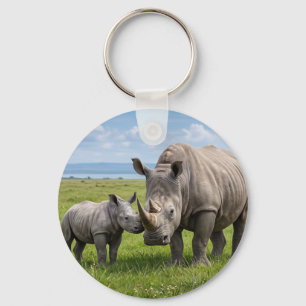 Adult And Baby Rhinos In Green Meadow Photo Enlarg Key Ring