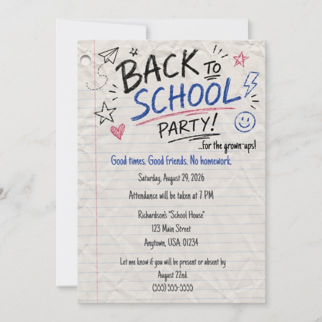 Adult Back to School Party Invitation Passed Note (Front)