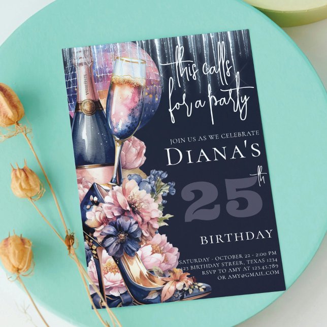 Adult Birthday Blue Pink Heel Champagne  Invitation (Creator Uploaded)