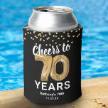 Adult Birthday Cheers to 70 Years Can Cooler<br><div class="desc">Personalised 70th birthday can coolers featuring a stylish black background that can be changed to any colour,  glamourous gold sparkly glitter,  seventy gold hellium balloons,  and a simple text template that is easy to personalise.</div>