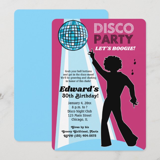Adult Birthday Disco Party Invitations Hot Pink (Front/Back)