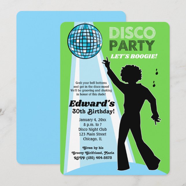 Adult Birthday Disco Party Invitations Lime Green (Front/Back)