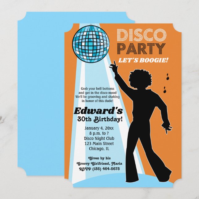Adult Birthday Disco Party Invitations Orange (Front/Back)