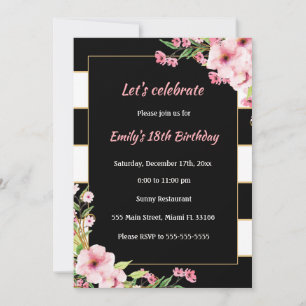 Adult Birthday Invitation Black White Pink Flowers