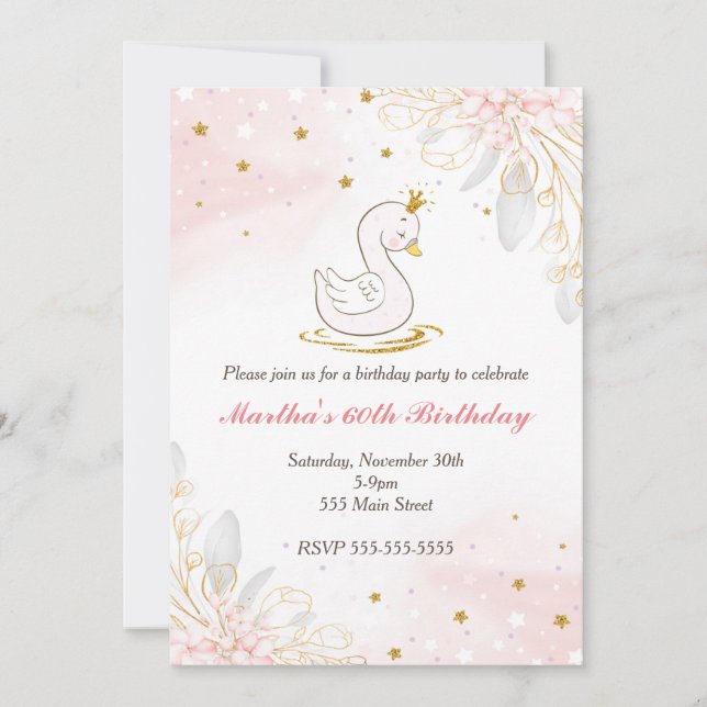 Adult birthday invitation floral swan pink gold (Front)