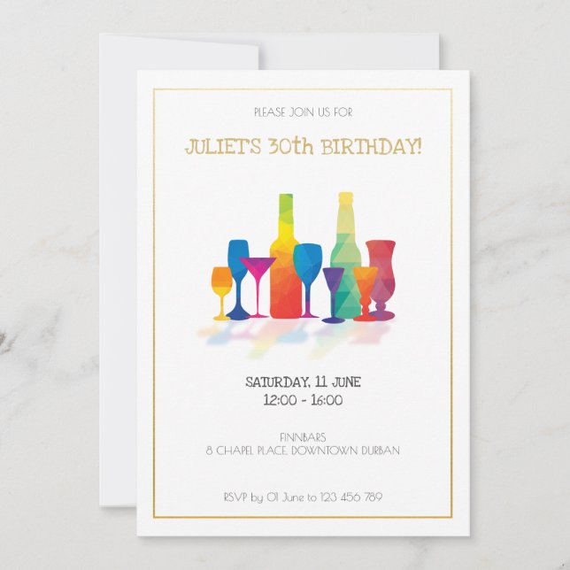 Adult Birthday Invitation with colourful drinks (Front)