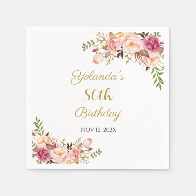 Adult Birthday Napkins, Floral Burgundy Napkins (Front)