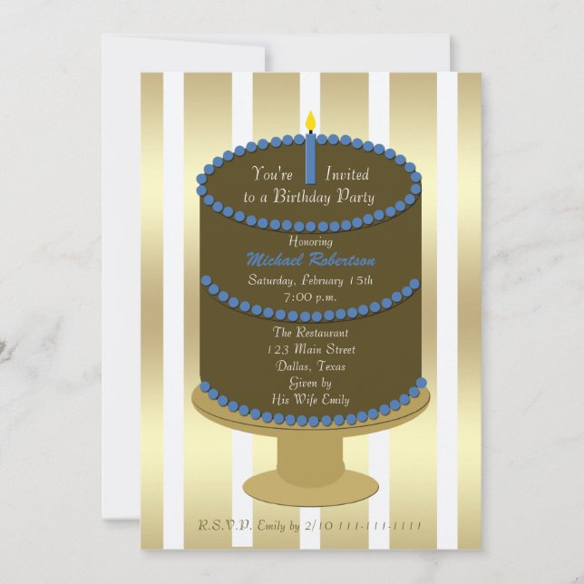 Adult Birthday Party Cake with Blue Accent for Men Invitation (Front)