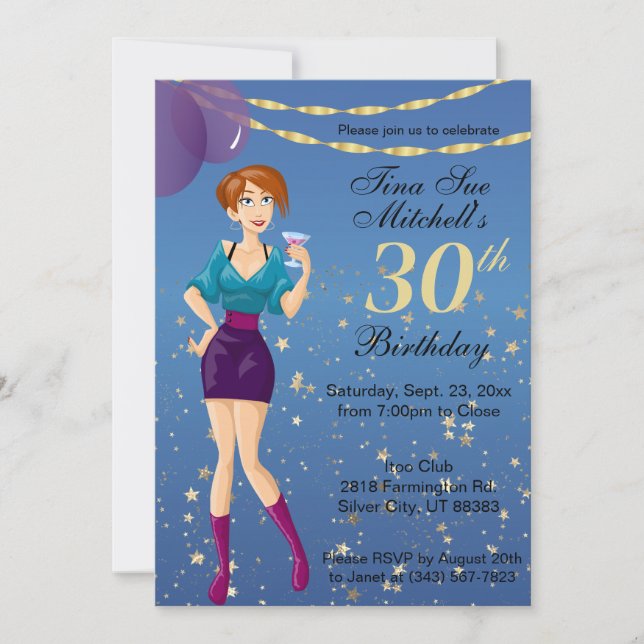 Adult Birthday Party Girl in Blue Invitation (Front)