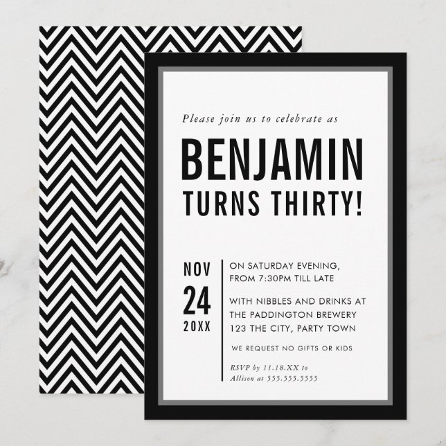 ADULT BIRTHDAY PARTY modern typography black white Invitation (Front/Back)