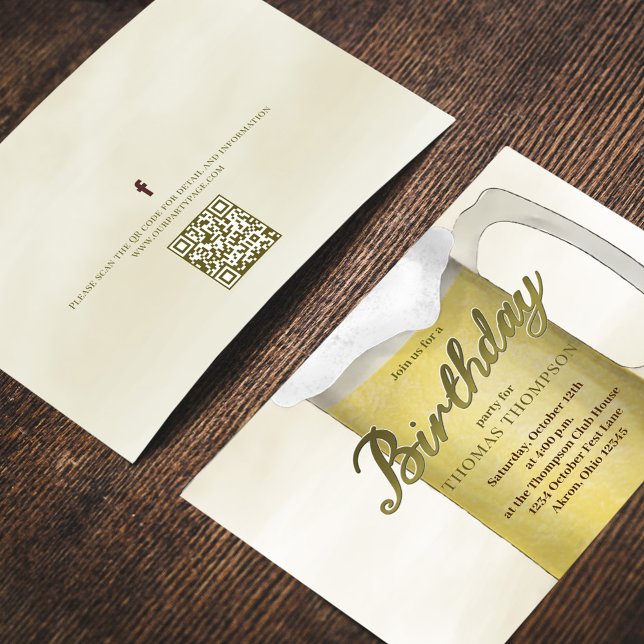 Adult Birthday Party Watercolor Beer  Invitation (Birthday Party Frosty Beer Invitation with QR code for social media sharing)
