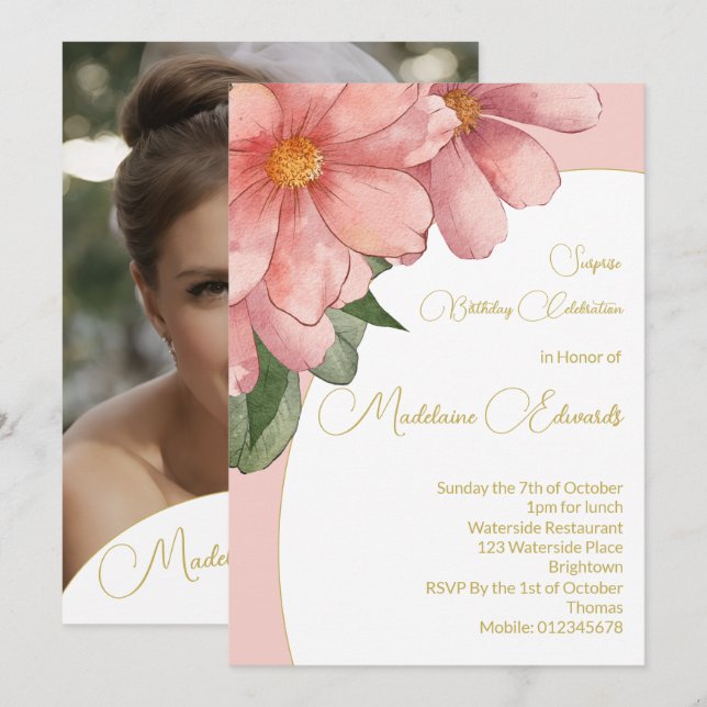 Adult Birthday Photo Pink Gold Elegant Floral  Invitation (Front/Back)