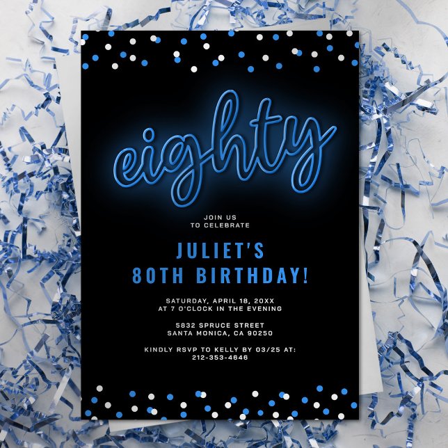 Adult Blue Neon 80th Birthday Party Invitation (Creator Uploaded)