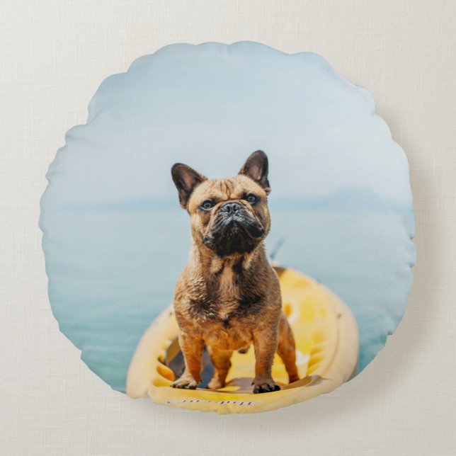 Adult brown French bulldog standing on kayak Round Cushion (Front)