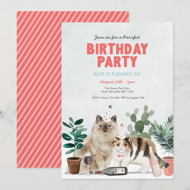 Adult Cats Plants and Wine Birthday Invitation (Front/Back)