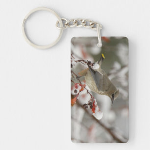 Adult Cedar Waxwing on hawthorn with snow Key Ring