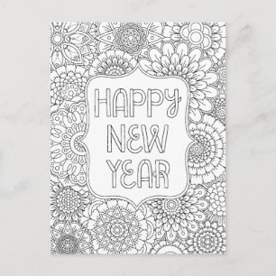 Adult Coloring Happy New Year Postcard