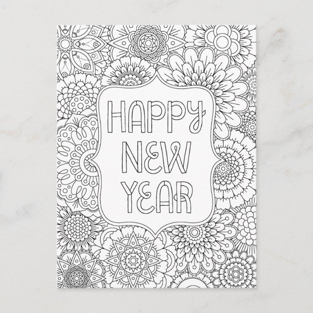 Adult Coloring Happy New Year Postcard (Front)