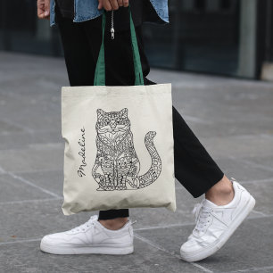 Adult Colour Cat Mandala Monogram Tote Bag