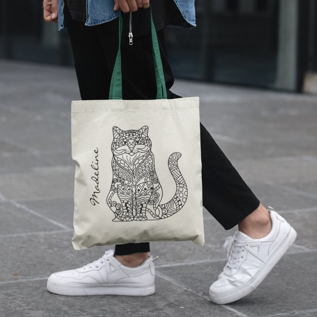 Adult Colour Cat Mandala Monogram Tote Bag (Creator Uploaded)