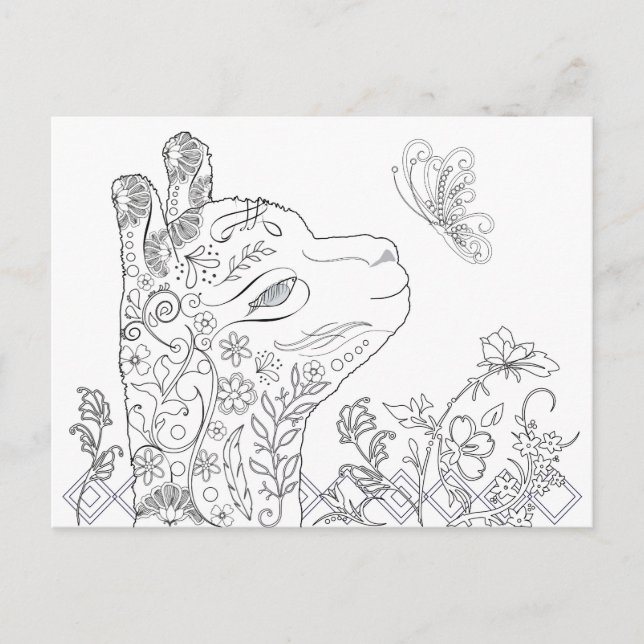 Adult Colouring Alpaca Butterfly DIY Postcards (Front)