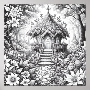 Adult Colouring Floral Fairy House Forest Poster