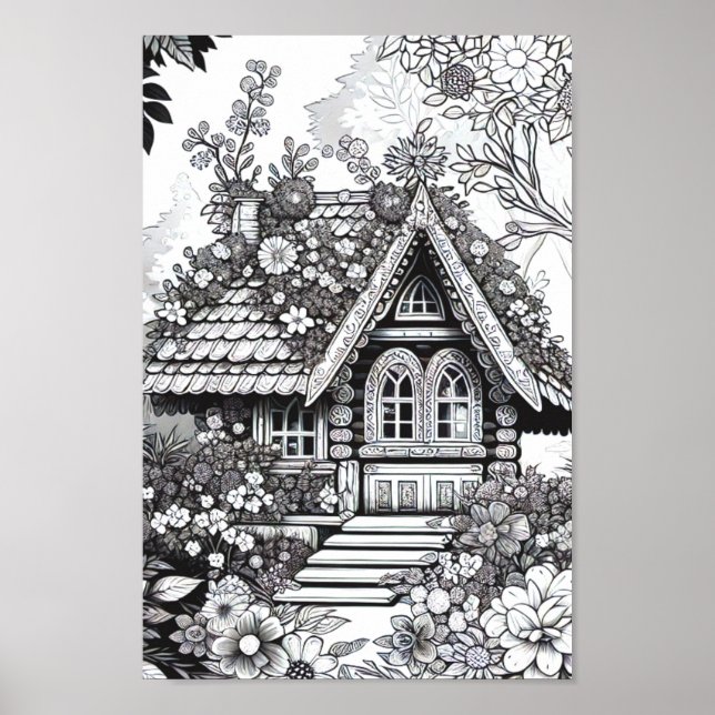 Adult Colouring Floral Fairy House Poster (Front)