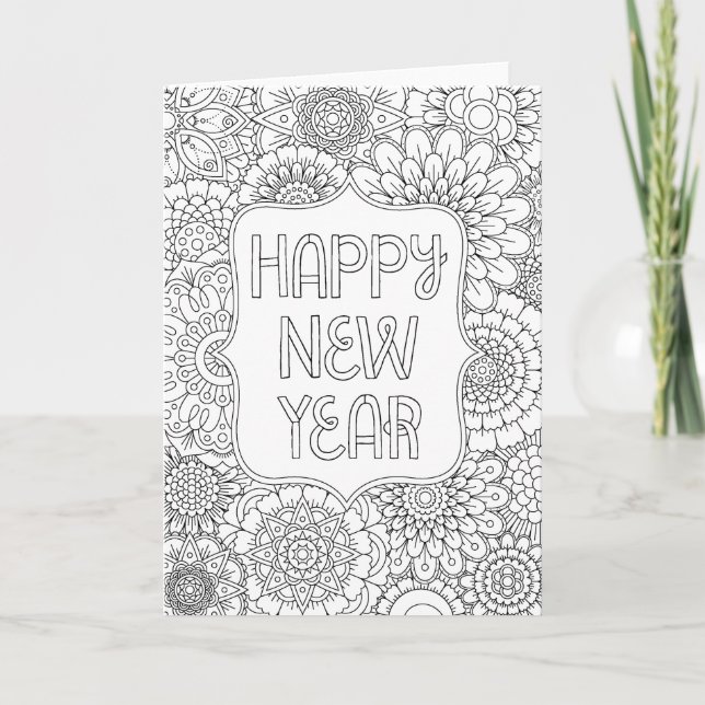 Adult Colouring "Happy New Year" 2018 Greeting Car Holiday Card (Front)