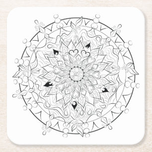 Adult Colouring Mandala Black and White Art Square Paper Coaster