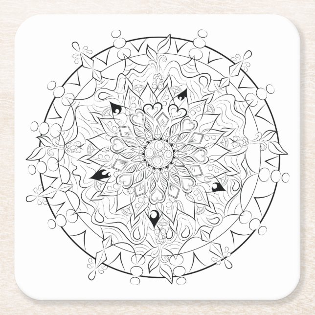Adult Colouring Mandala Black and White Art Square Paper Coaster (Front)