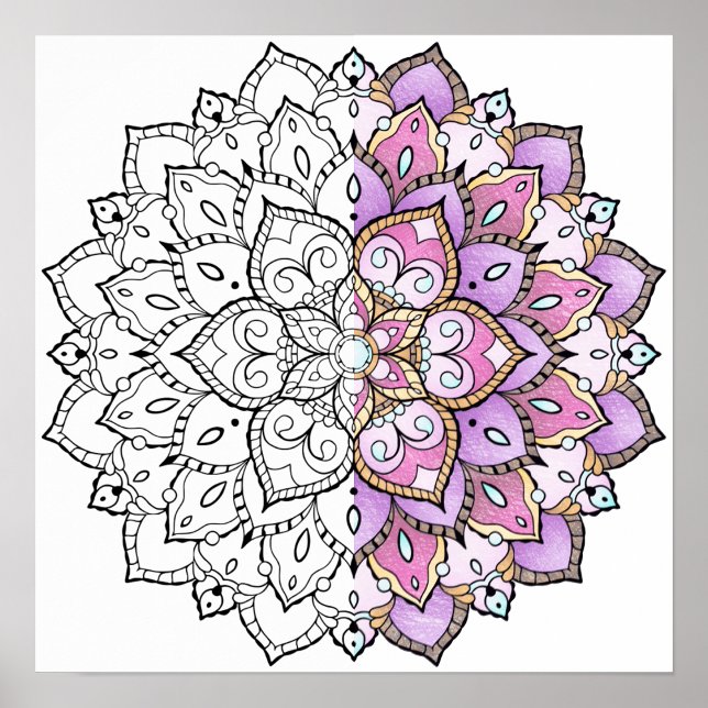 Adult Colouring Mandala Poster (Partially colored Adult Coloring Mandala Poster sample)