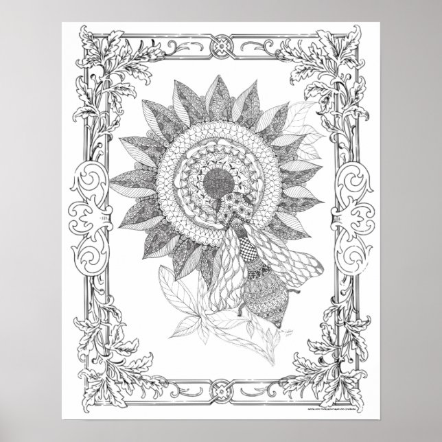 Adult Colouring Poster "Sunflowers and Bee Art" (Front)