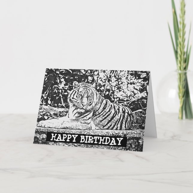 Adult Colouring Tiger Happy Birthday Card (Front)