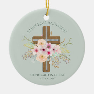 Adult CONFIRMATION Gift - Floral Cross Personalize Ceramic Tree Decoration