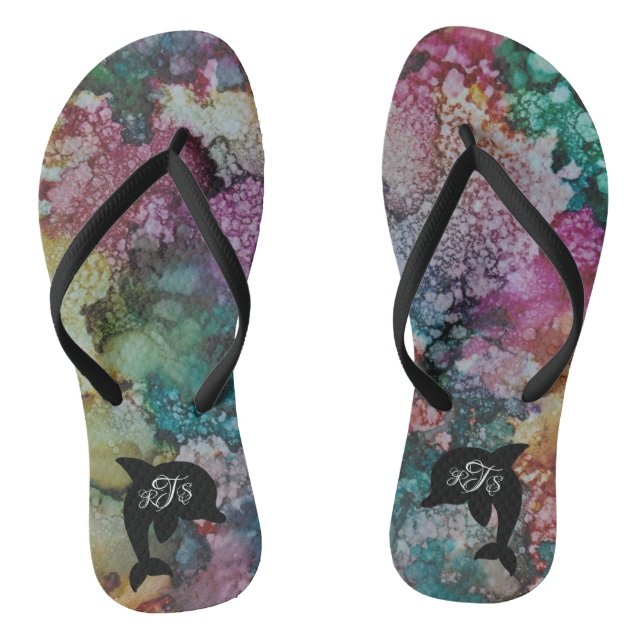 Adult Flip-Flops"Inkblots Pink GoldGreens Dolphin" Flip Flops (Footbed)